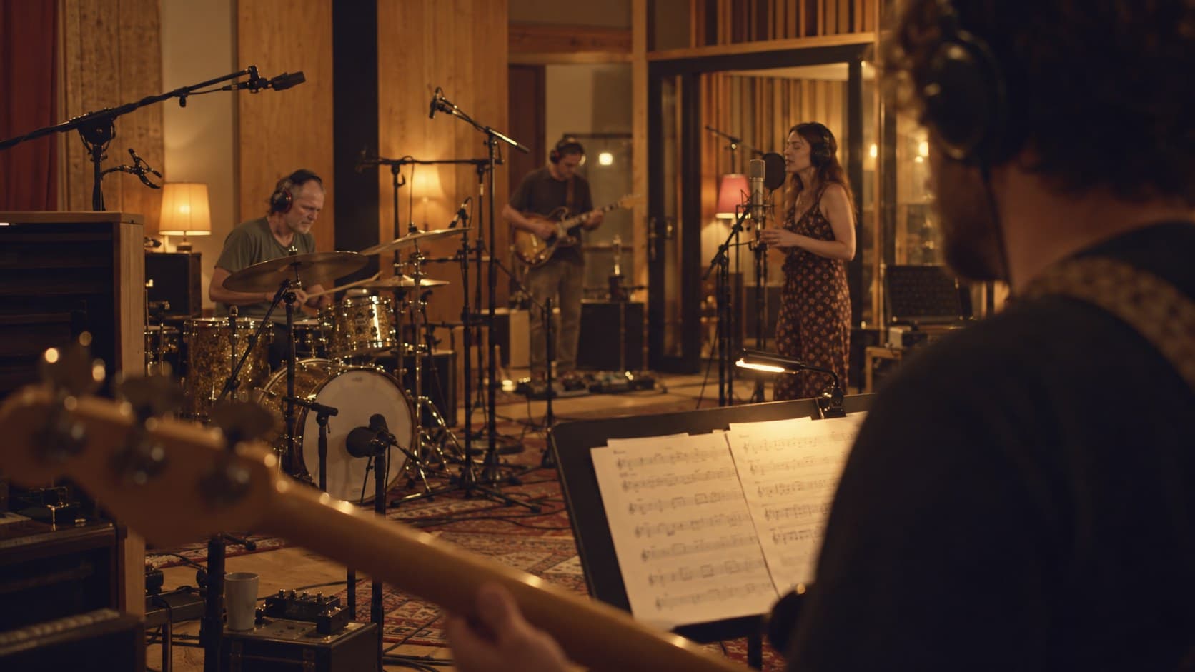 A band recording together in a studio